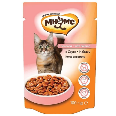Мнямс паучи для взрослых кошек с лососем 100 г в соусе, кожа и шерсть